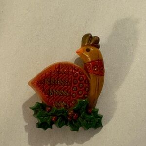Festive Vintage Christmas Partridge Brooch with Holly Accents